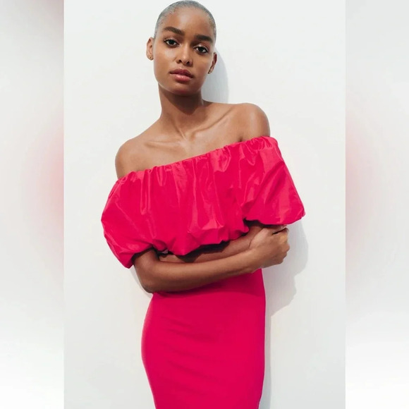 ZARA RASPBERRY OFF SHOULDER PINK MINI DRESS - Picture 3 of 10